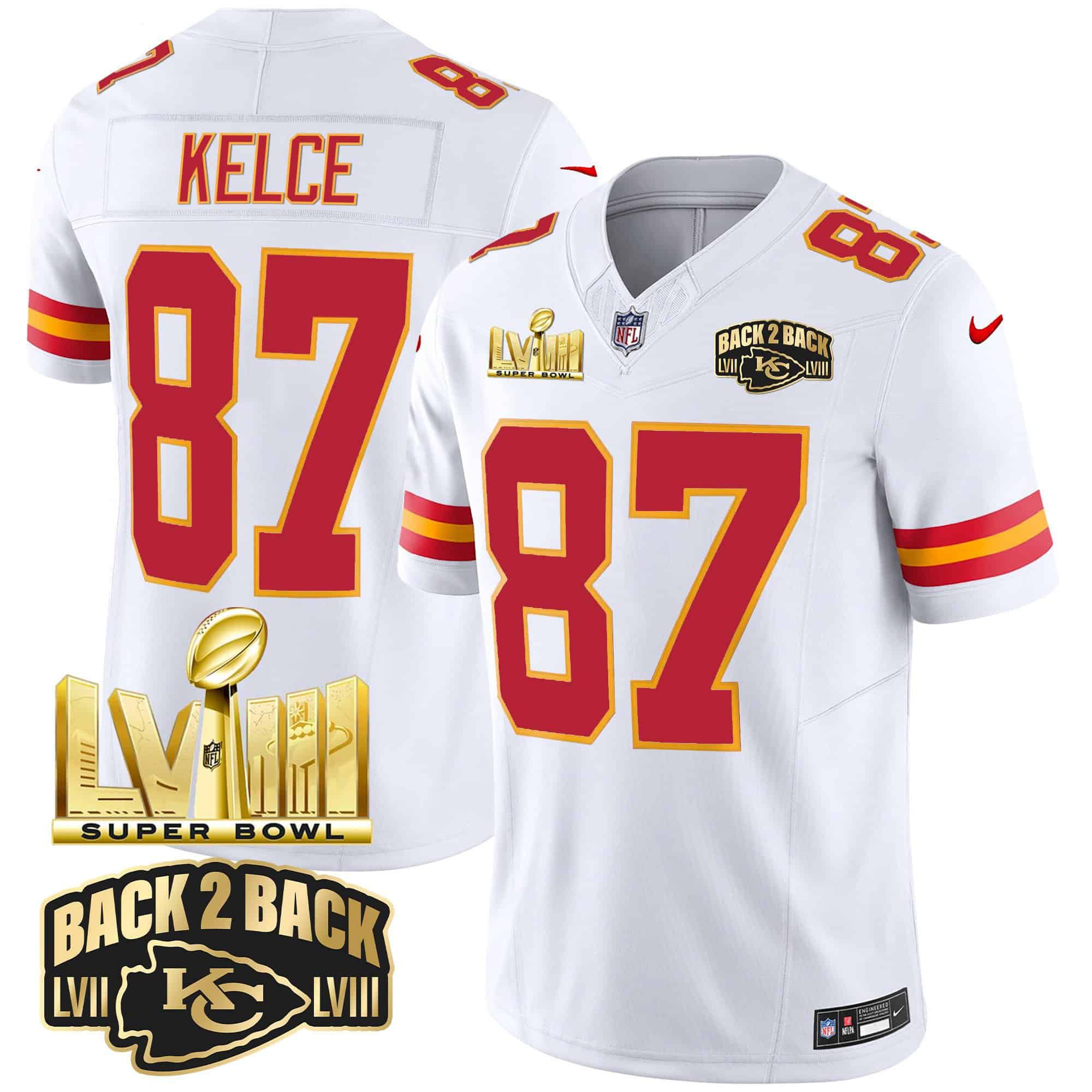 Men Kansas City Chiefs #87 Kelce White 2024 Nike Super Bowl LVIII & Back-2-Back Gold Patch Vapor NFL Jersey